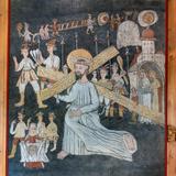 Ciemne płótno z namalowanym przedstawieniem Chrystusa niosącego krzyż. Wokół znajdują się m.in. żołnierze i św. Weronika z chustą.