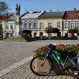 Wybrukowany kostką Rynek w Brzesku, otoczony kamieniczkami w zabudowie szeregowej. Na środku Rynku rower oparty o donicę z kwiatami. Dzień pogodny.