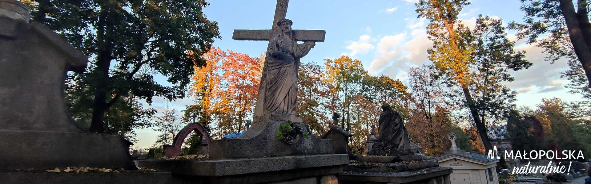 Cmentarz, na pierwszym planie rzeźba nagrobna - figura Chrystusa dżwigającego krzyż. W prawym dolnym rogu logo - napis Małopolska naturalnie