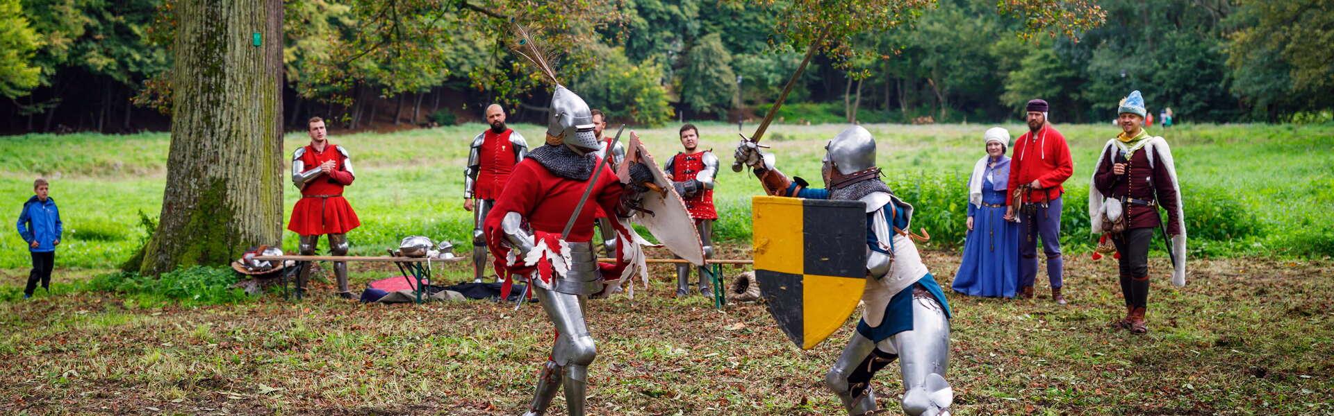 Zwei als Ritter verkleidete Männer nehmen an einer Schlachtnachstellung teil.