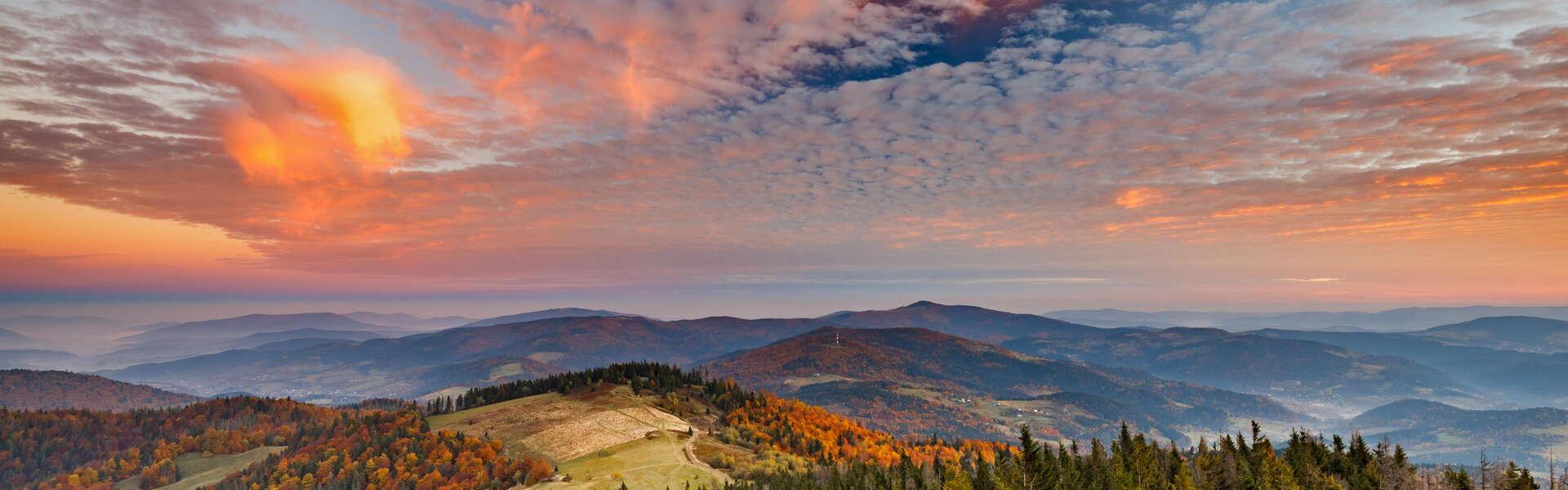 Photo taken from the observation tower on Gorc shows a view of the Beskids in their autumn version.