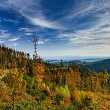 Jesienny las. W oddali panorama pasm górskich.