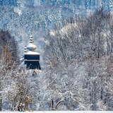 Dwa baniaste hełmy świątyni z ciemnego drewna pośród oszronionych śniegiem drzew w górskim krajobrazie.