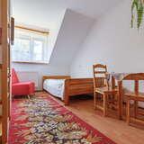 Mały, dobrze oświetlony pokój jednoosobowy. Na ziemi czerwony dywan we wzory, po lewej półka oraz fotel, a po prawej łóżko, stół i dwa krzesła, a nad nimi zwisa paproć.