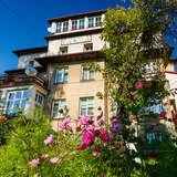 Na pierwszym planie krzewy z różowymi kwiatami, a za nim kilkupiętrowy budynek Willi Jasnej w Czorsztynie. Nad budynkiem widnieje niebieskie niebo.