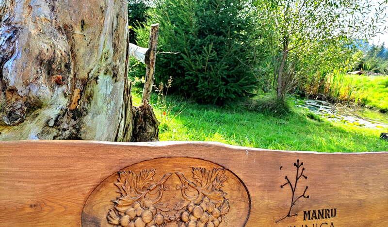 drewniana ławka z wyrzeźbionymi winogronami i napisem Winnica Manru, z tyłu zielona choinka i fragment pnia