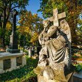 Stary posąg z krzyżem na nagrobku na cmentarzu Rakowickim w Krakowie. Wokół znajduje się ogromna ilość nagrobków oraz kolorowych drzew.