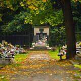 Alejka na Cmentarzu na Pasterniku w jesiennych liściach prowadząca do nagrobka z kwiatami. Po lewej stronie inne nagrobki, a po drugiej stronie jeszcze duże drzewo.